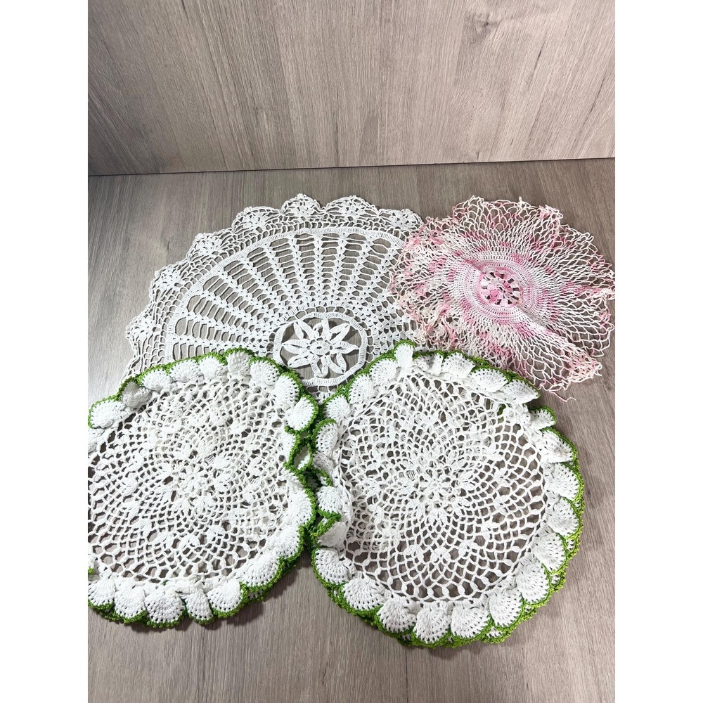 Four vintage handmade doilies crochet lace round colorful